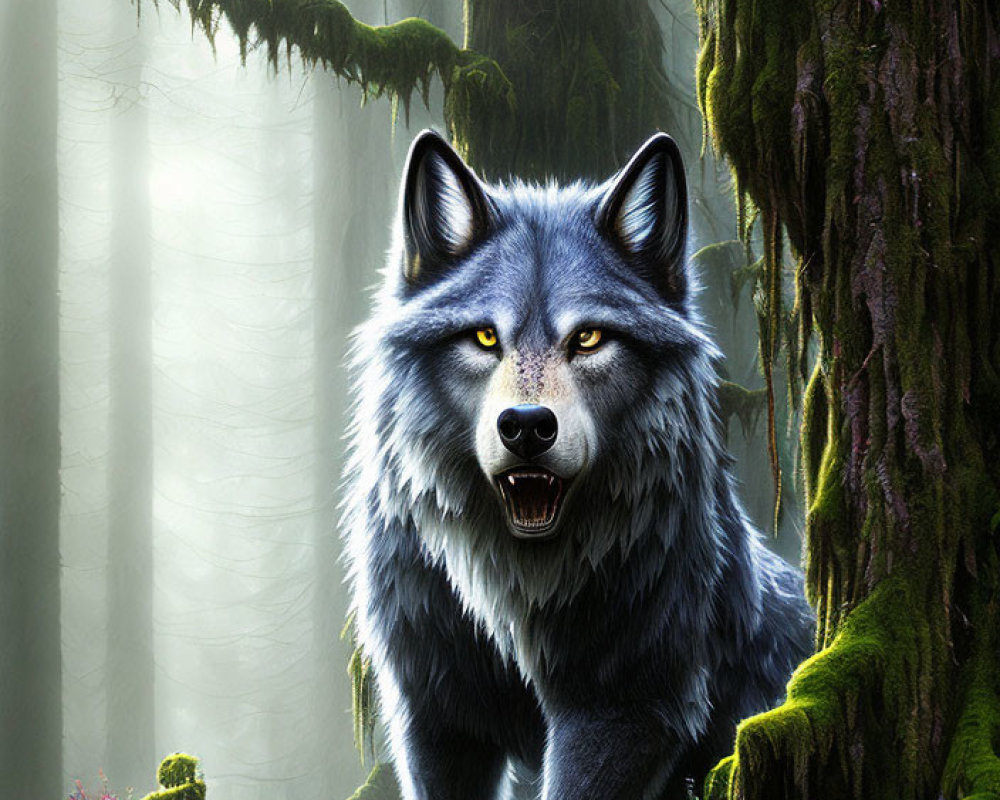 Realistic digital art: Large wolf in misty, mossy forest