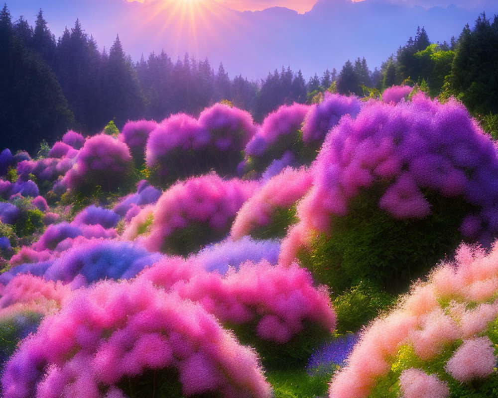 Colorful sunset landscape with pink and purple plants, distant forest silhouettes, and mist-filtered