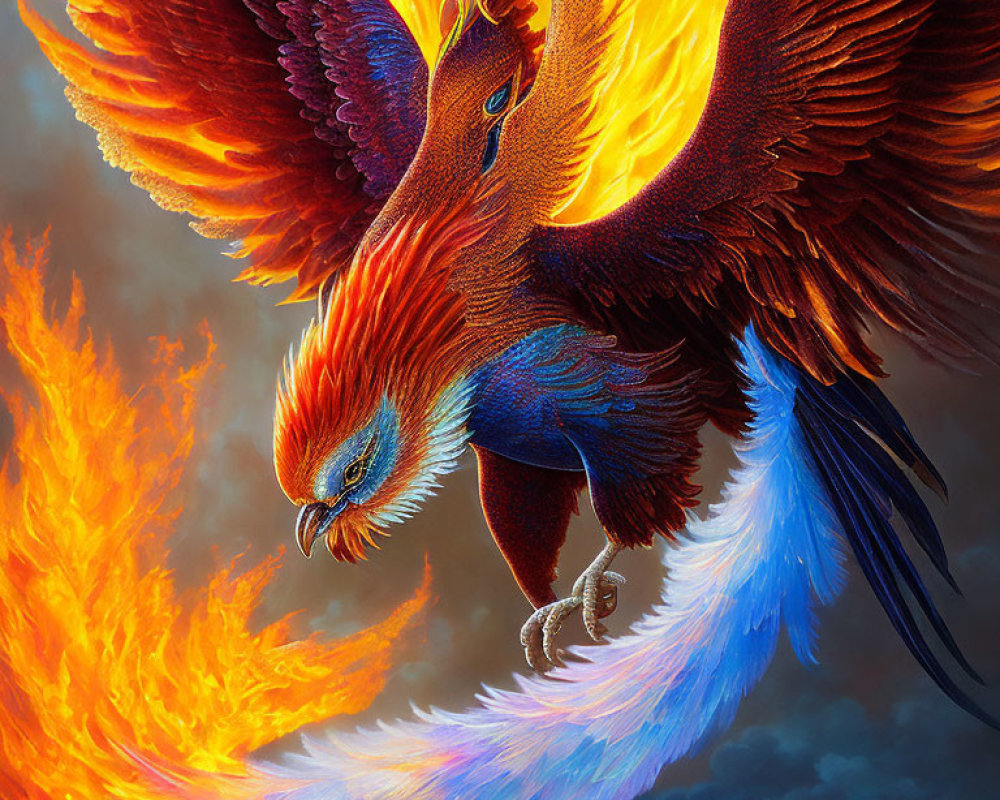 Colorful Phoenix Flying Through Flames with Vibrant Plumage