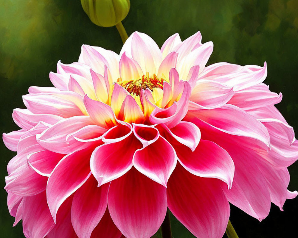 Pink and White Dahlia with Yellow Center on Blurred Green Background