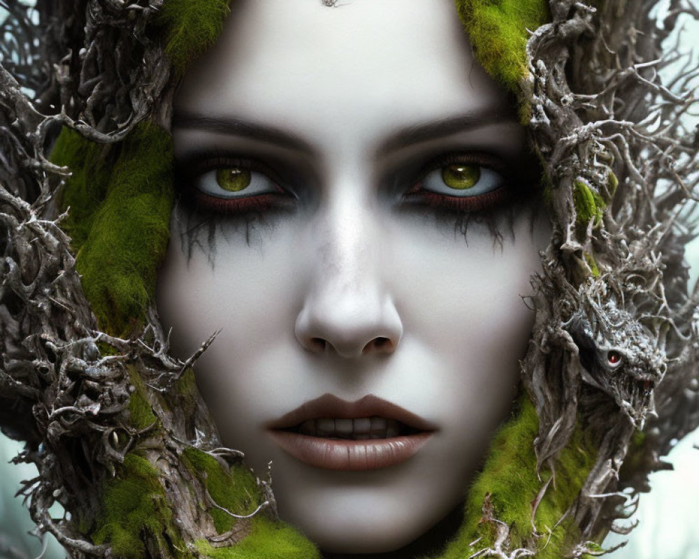 Fantasy portrait of woman with pale skin and yellow eyes in mystical forest.