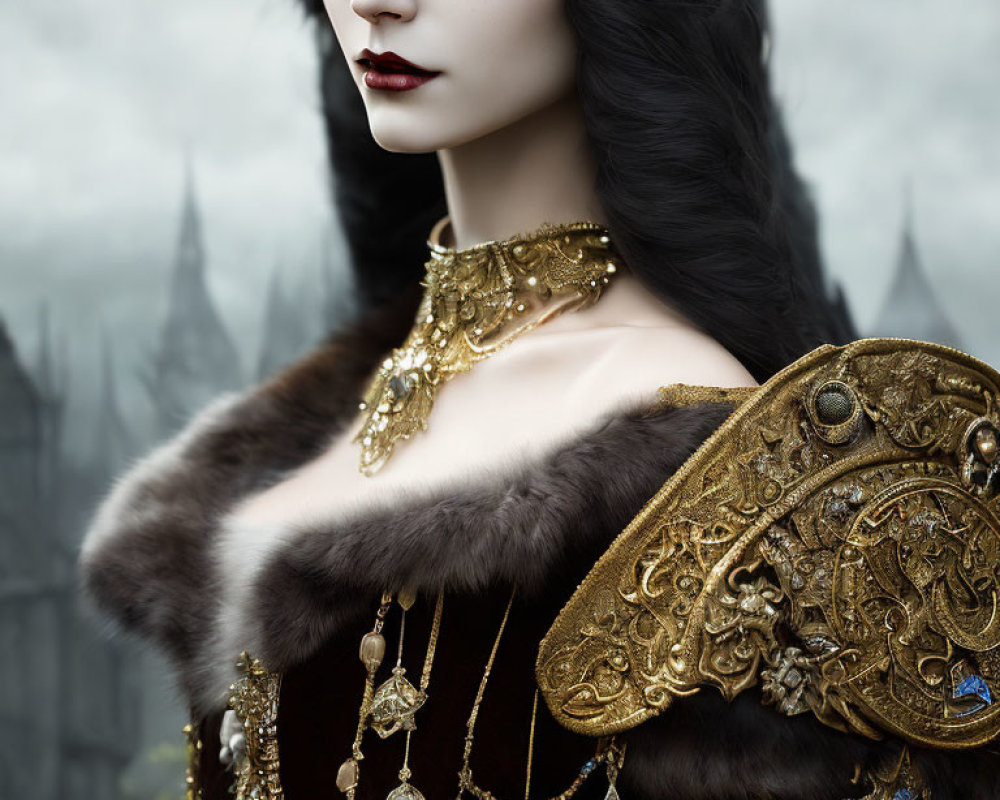 Regal woman with black hair, red lips, green eyes, gold necklace, fur cloak, and