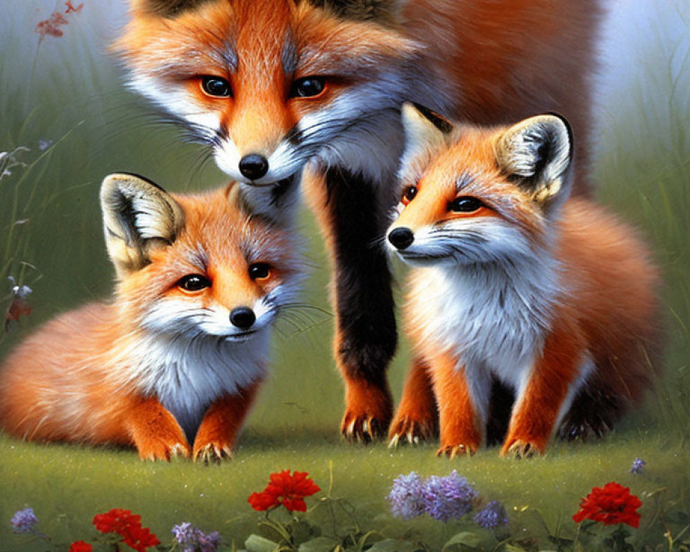 Detailed painting of three foxes among flowers with protective large fox.