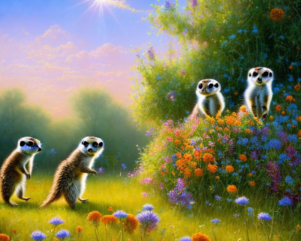 Three Meerkats in Colorful Flower Field with Bright Sun