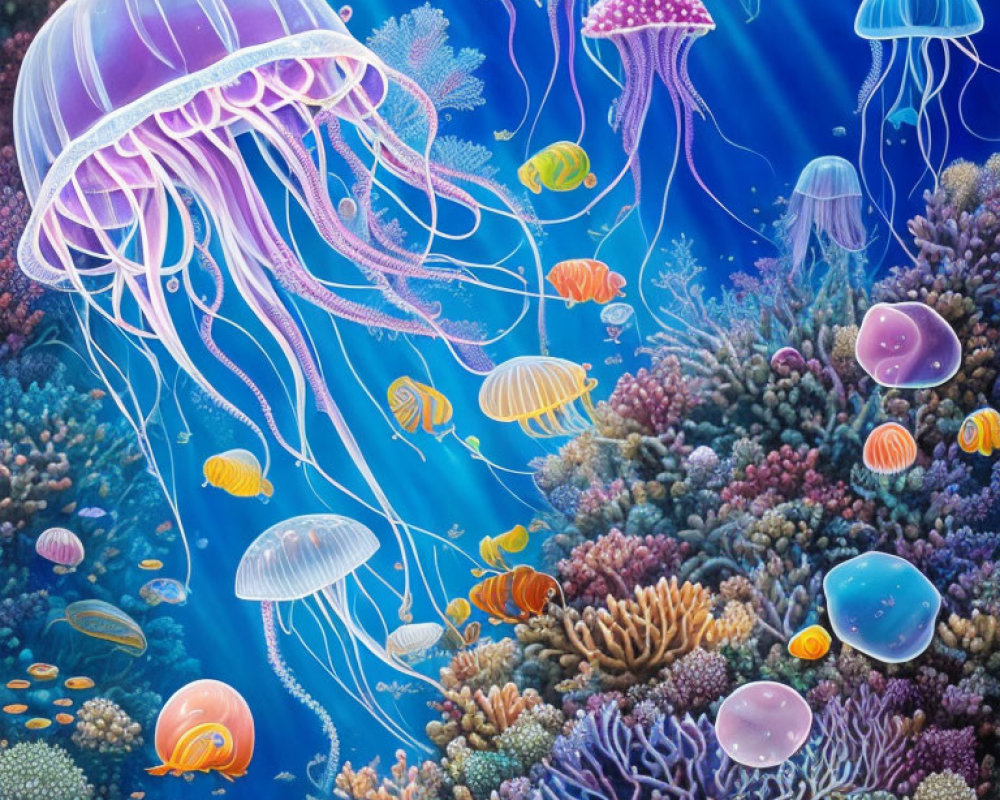 Colorful Underwater Scene with Jellyfish and Coral Reef Fish
