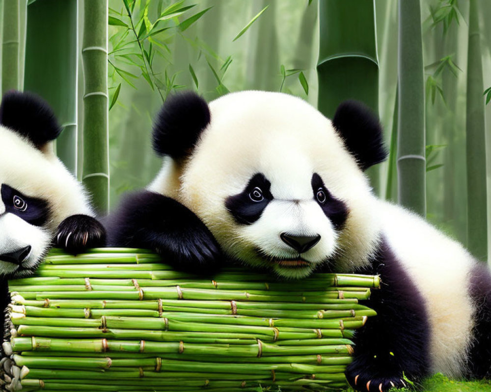 Adorable panda cubs resting on green bamboo.
