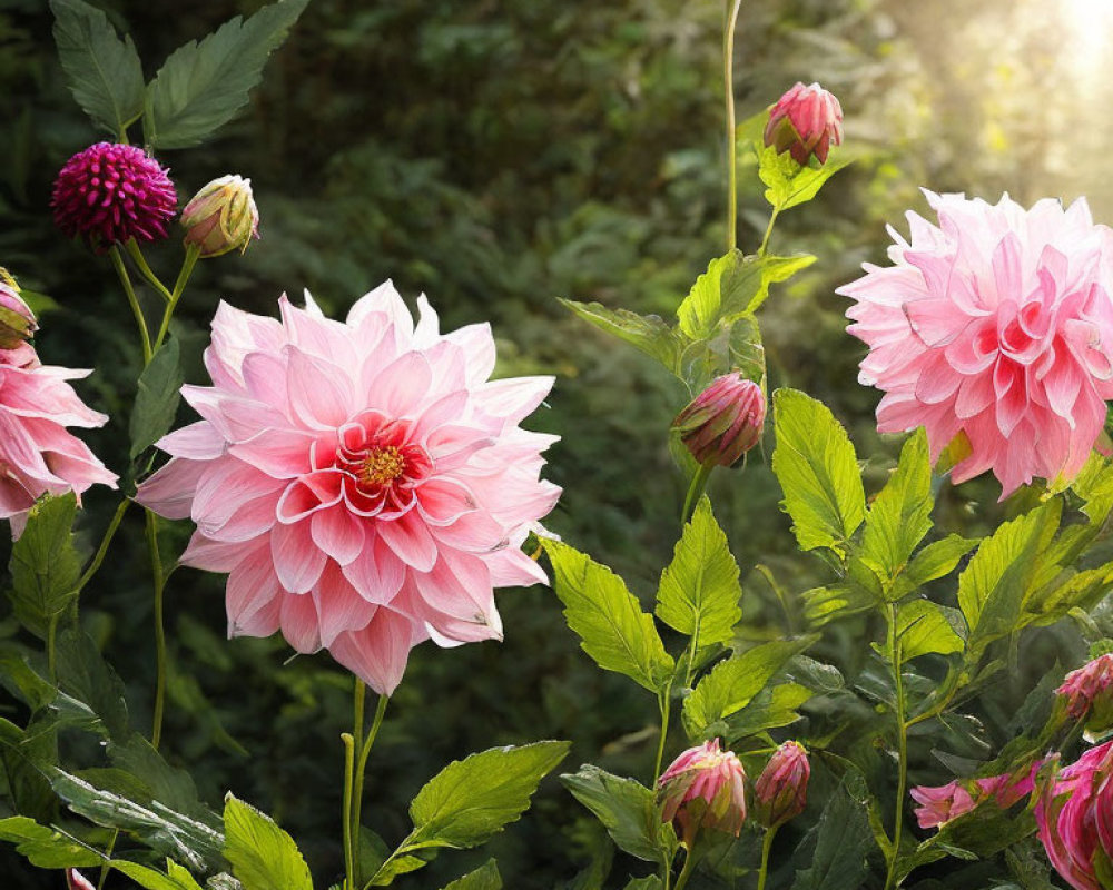Vibrant pink dahlias under sunlight with green foliage
