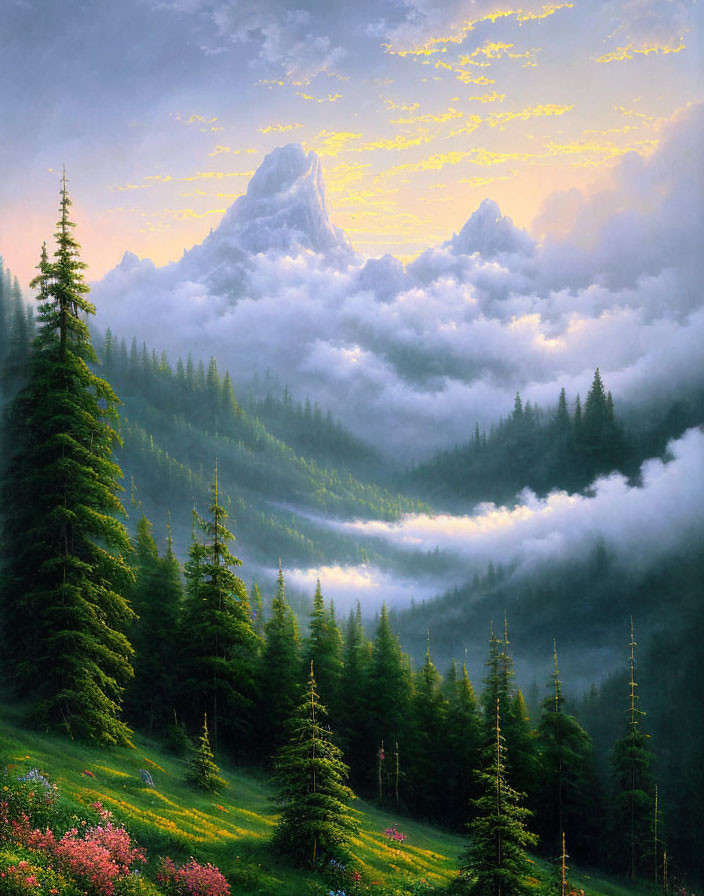 Majestic mountain, misty valley, towering trees in lush green landscape
