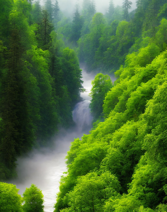 Lush Forest Scene with Misty River and Soft Light