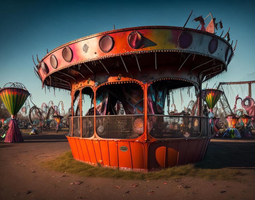 Deserted carousel with faded orange and red paint in abandoned amusement park