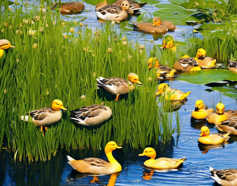 Ducks swimming in vibrant green plants in blue pond