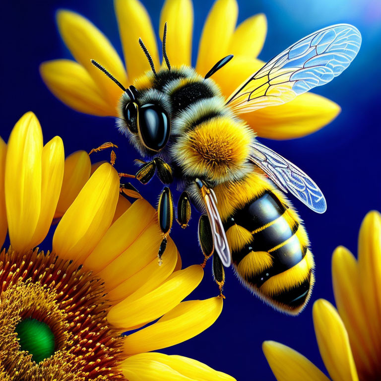 Detailed Illustration of Fuzzy Bee on Sunflower Petals in Blue Background