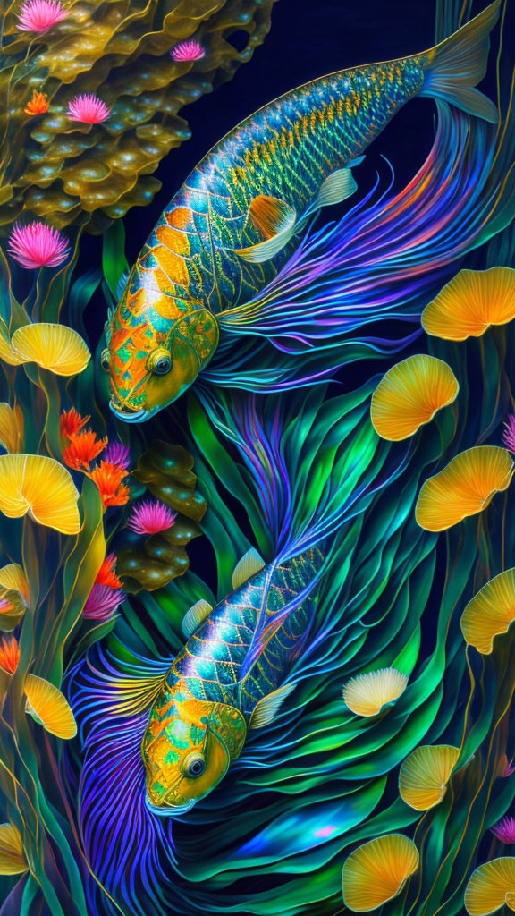 Colorful digital painting of ornate fish among vibrant coral and anemones