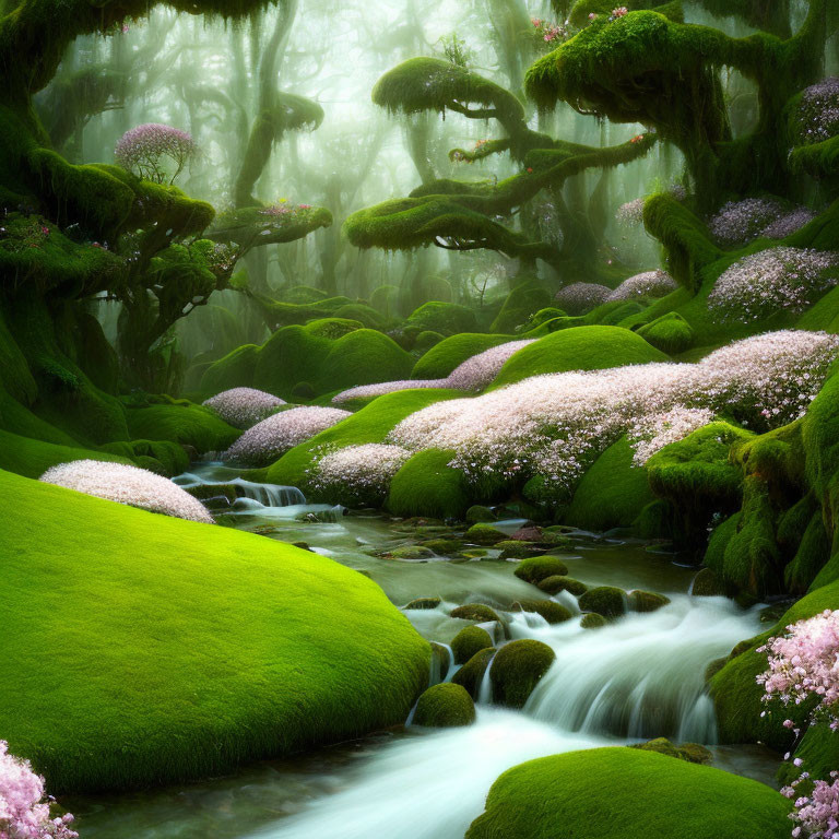 Tranquil stream in mystical forest with pink flowers and foggy ambiance