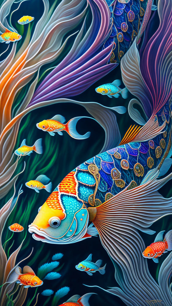 Vibrant Stylized Fish Swimming in Intricate Underwater Scene