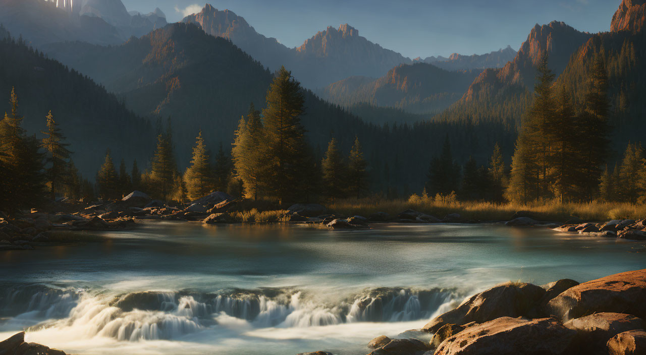Sunrise landscape with river, pine forest, mist, and mountains