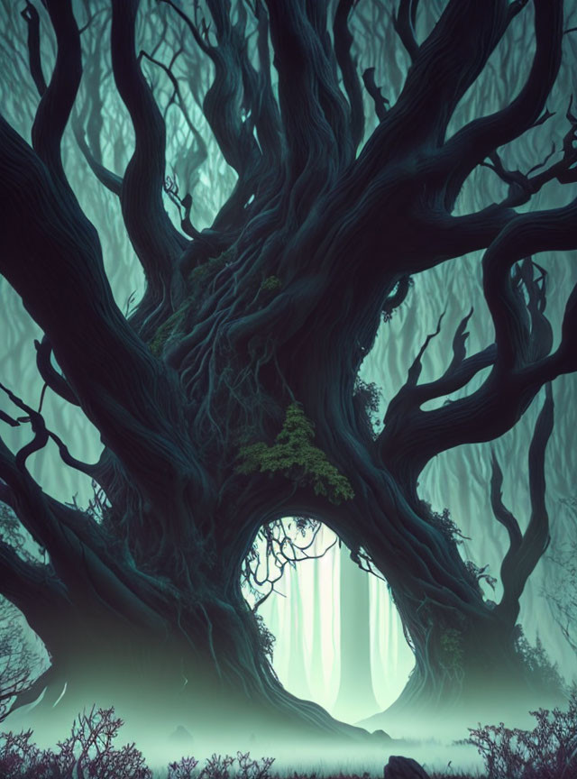 Ancient mystical tree in foggy forest with gnarled branches