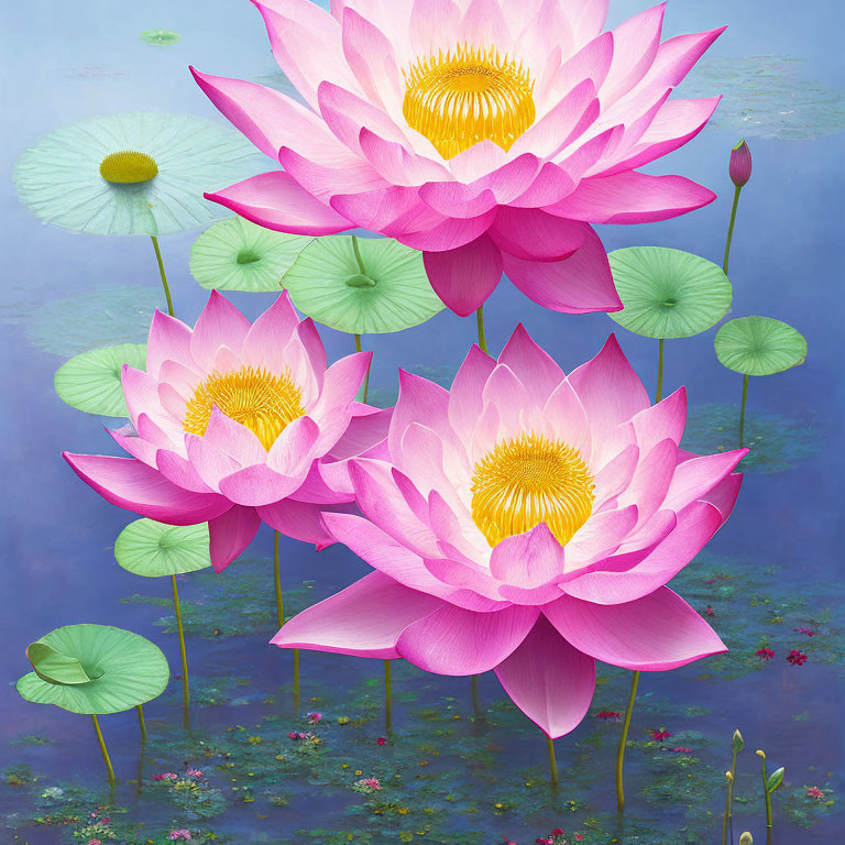 Pink Lotus Flowers Blooming on Green Lily Pads in Blue Water Landscape