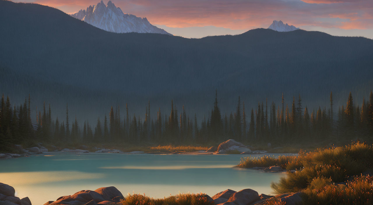 Tranquil Sunrise Scene: Mountain Lake, Mist, Pine Trees, Rocky Terrain