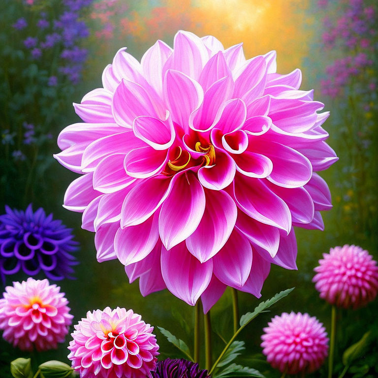 Pink Dahlia Flower with Intricate Petals on Soft Purple and Green Background
