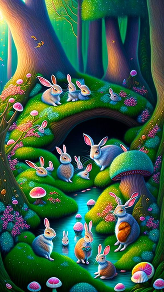 Illustration of rabbits in tree burrow at twilight