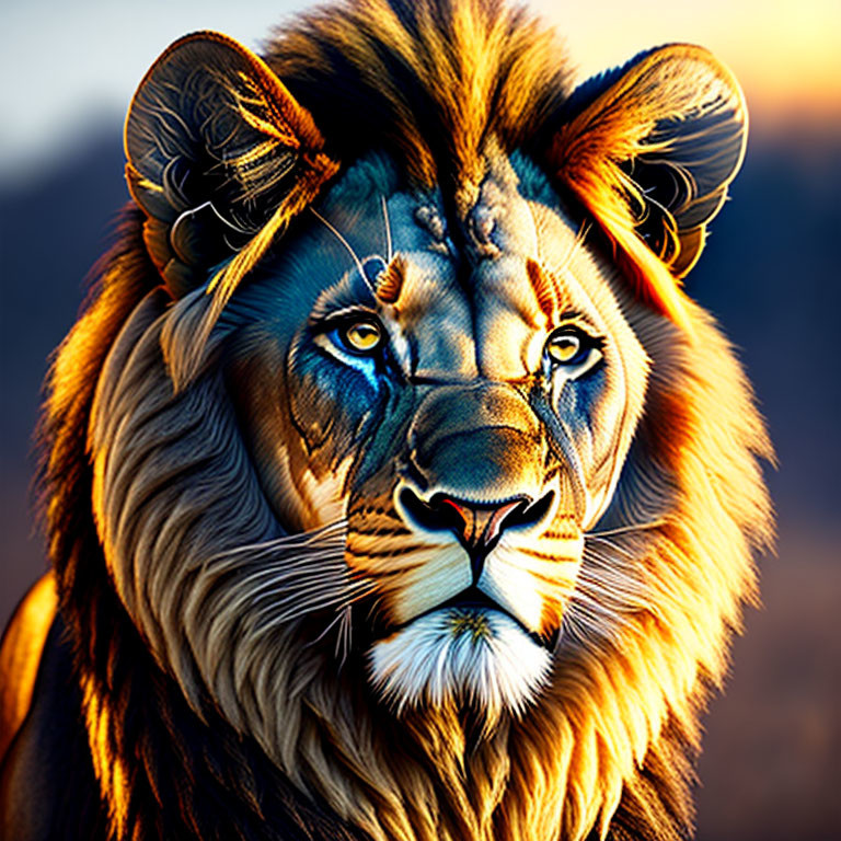 Majestic lion with rich mane in close-up against sunset background