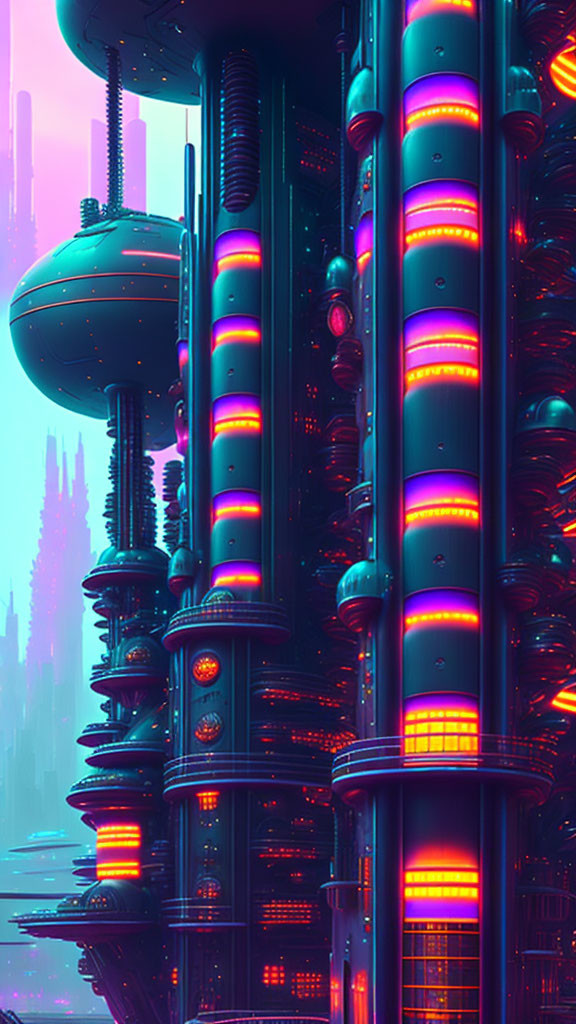 Futuristic cyberpunk cityscape at dusk with vibrant neon lights