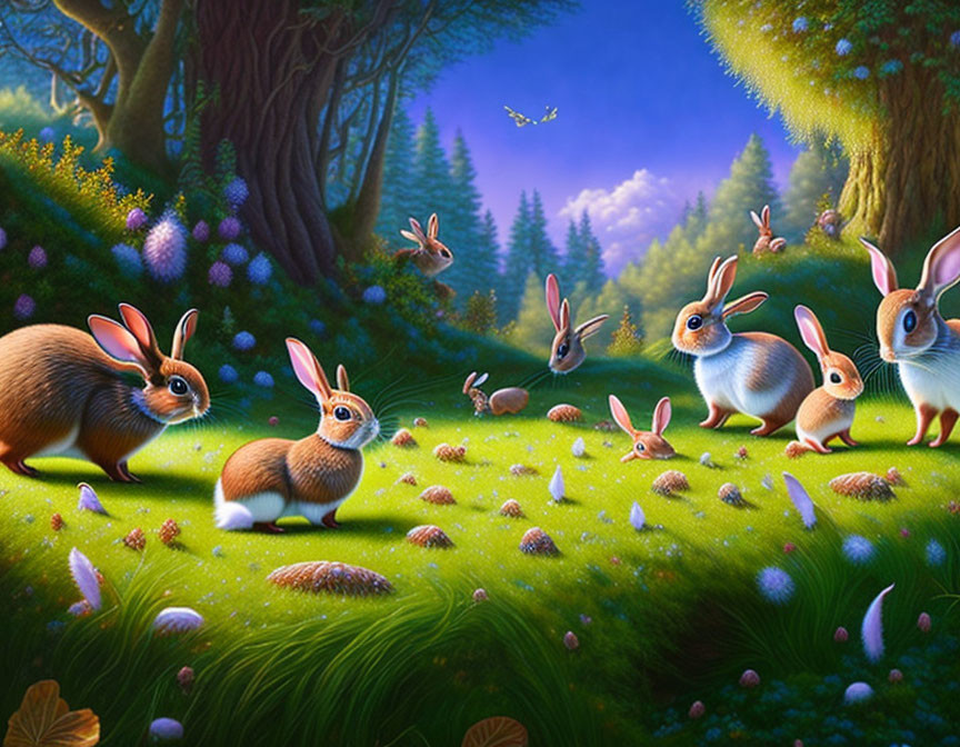 Illustration: Rabbits in vibrant forest with butterflies and flowers