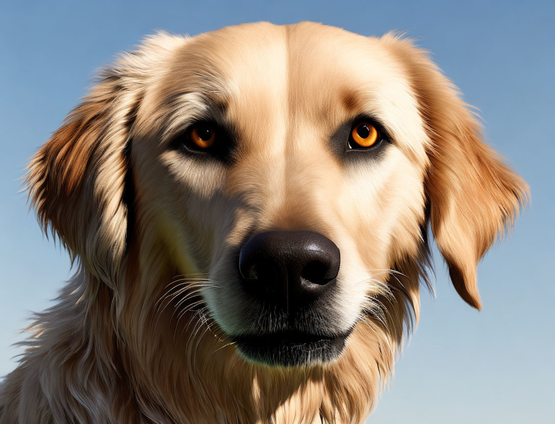 Golden Retriever with Glossy Coat and Amber Eyes on Blue Sky Background