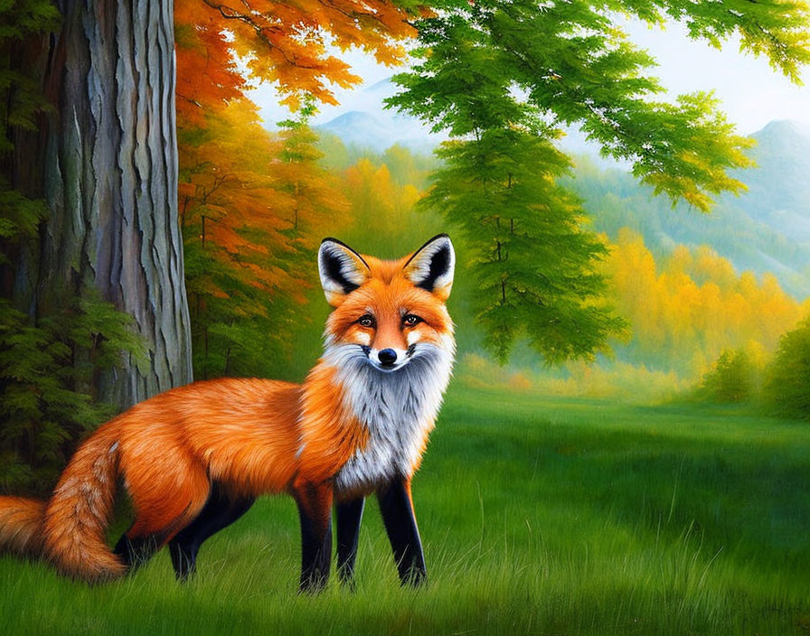 Colorful autumn forest scene with red fox - vibrant painting.