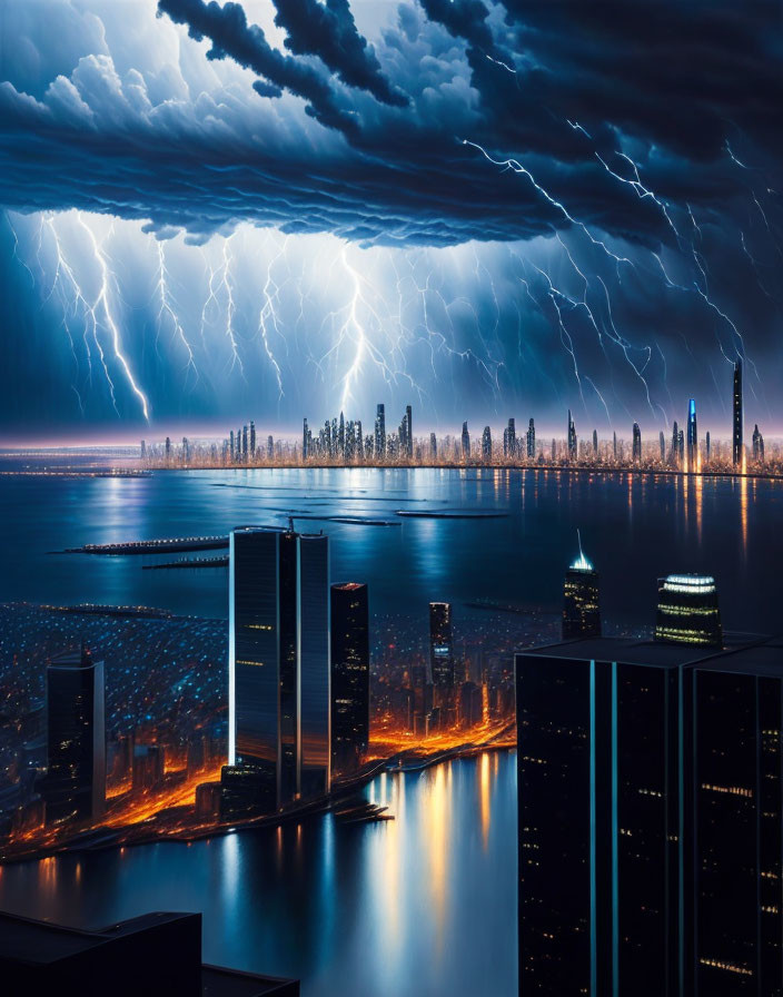 Dramatic city skyline at night with lightning strikes in thunderstorm