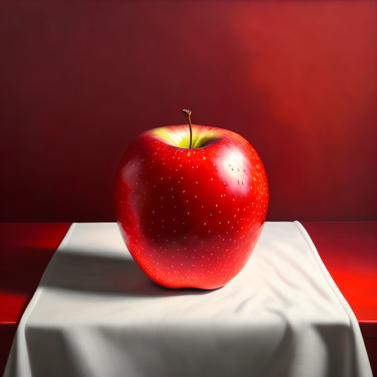 Shiny red apple on white table with dramatic lighting