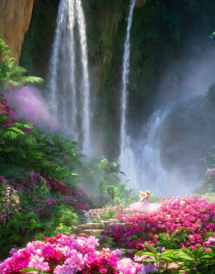 Woman in Pink Dress Surrounded by Flowers and Waterfall in Forest Clearing