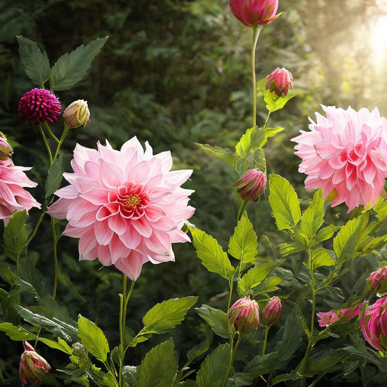 Vibrant pink dahlias under sunlight with green foliage