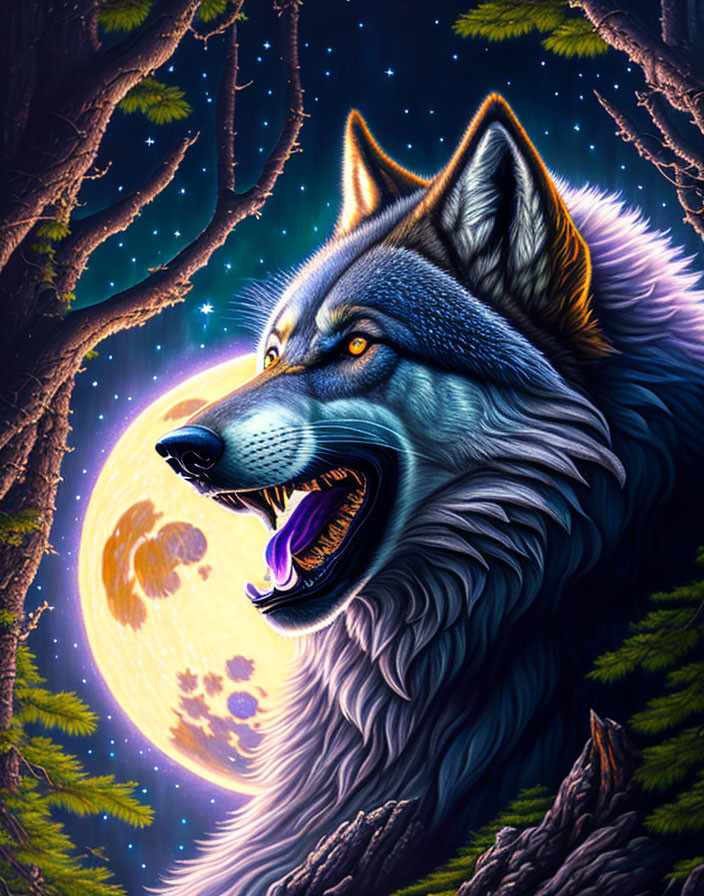 Detailed wolf head illustration in night sky with full moon and trees.