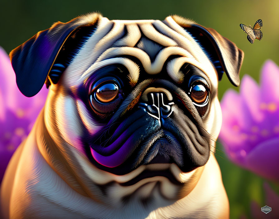 Whimsical digital pug illustration with expressive eyes and purple flowers