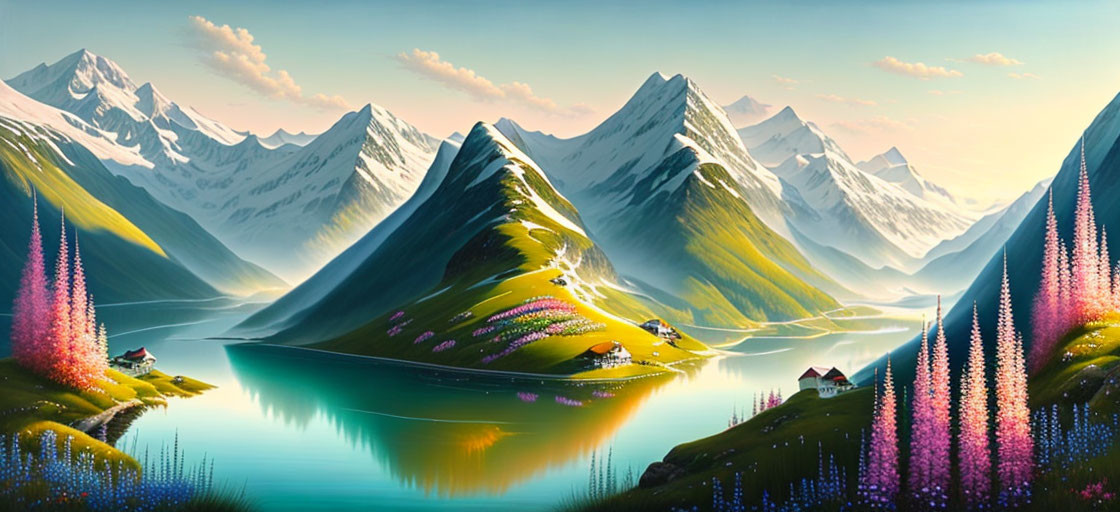 Scenic Mountain Valley with Lake, Flora, Settlements & Snowy Peaks