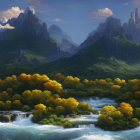 Tranquil River Landscape with Meadows, Trees, and Mountains