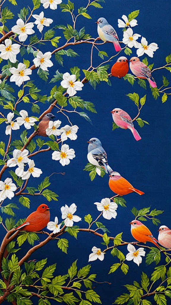 Vibrant birds on blooming branches against blue backdrop