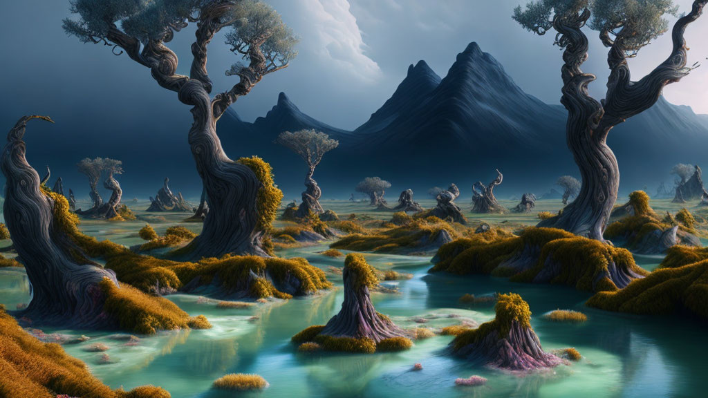 Mystical landscape with twisted trees, tranquil waters, moss-covered ground, and towering mountains under dus