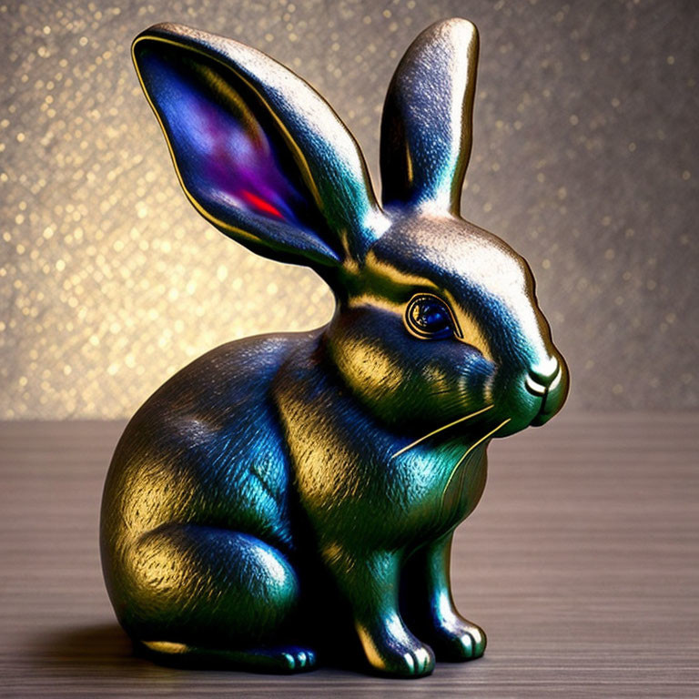 Metallic Rabbit Figurine with Iridescent Ears on Glittery Blue and Gold Background