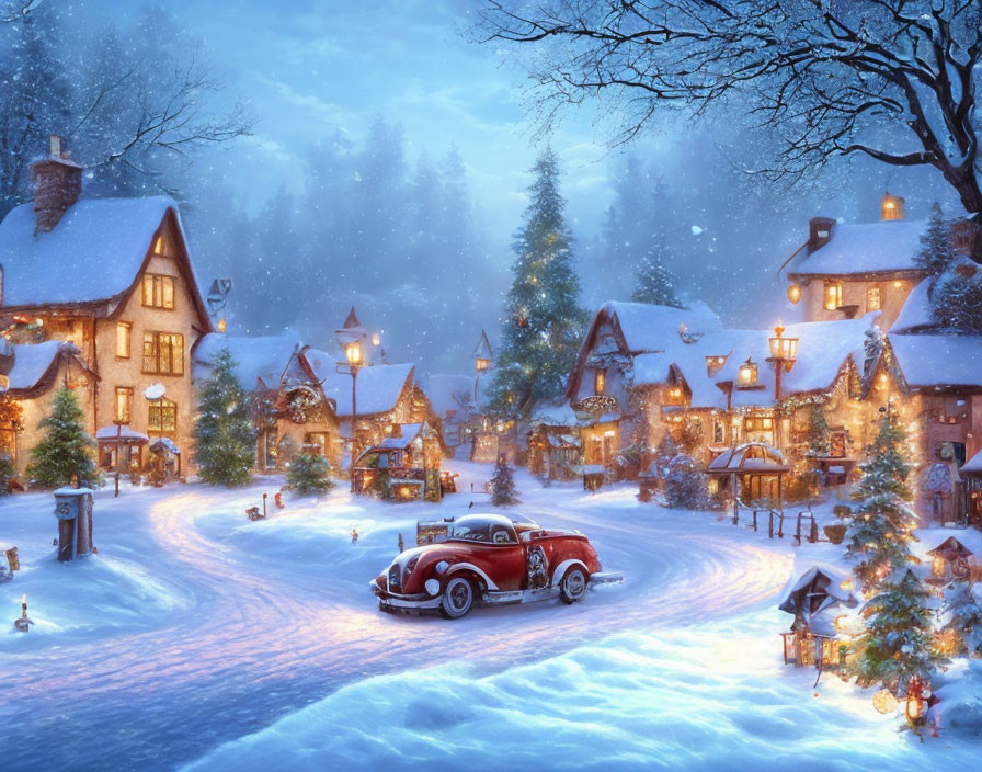 Snow-covered village with red car and holiday decorations at twilight