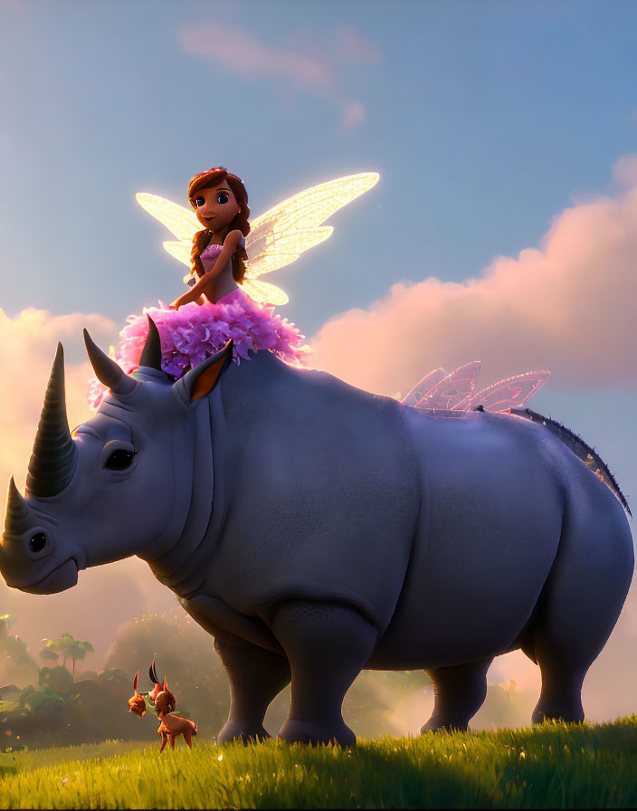 Fairy characters with wings and rhinoceros in magical landscape