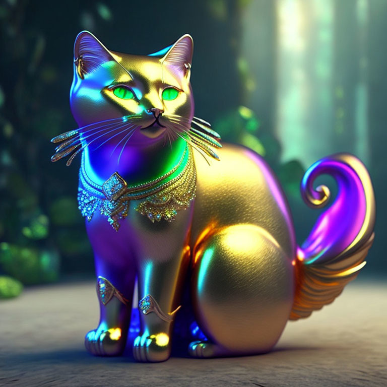 Golden Metallic Cat with Jewelry in Mystical Forest Setting