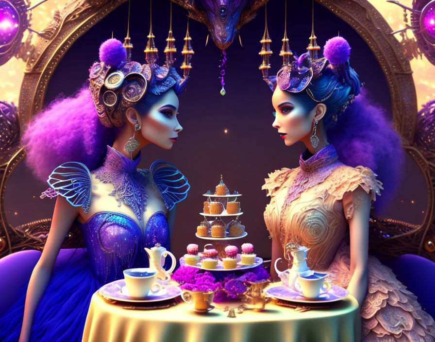 Stylized animated female figures with elaborate hairstyles and fancy dresses in whimsical setting