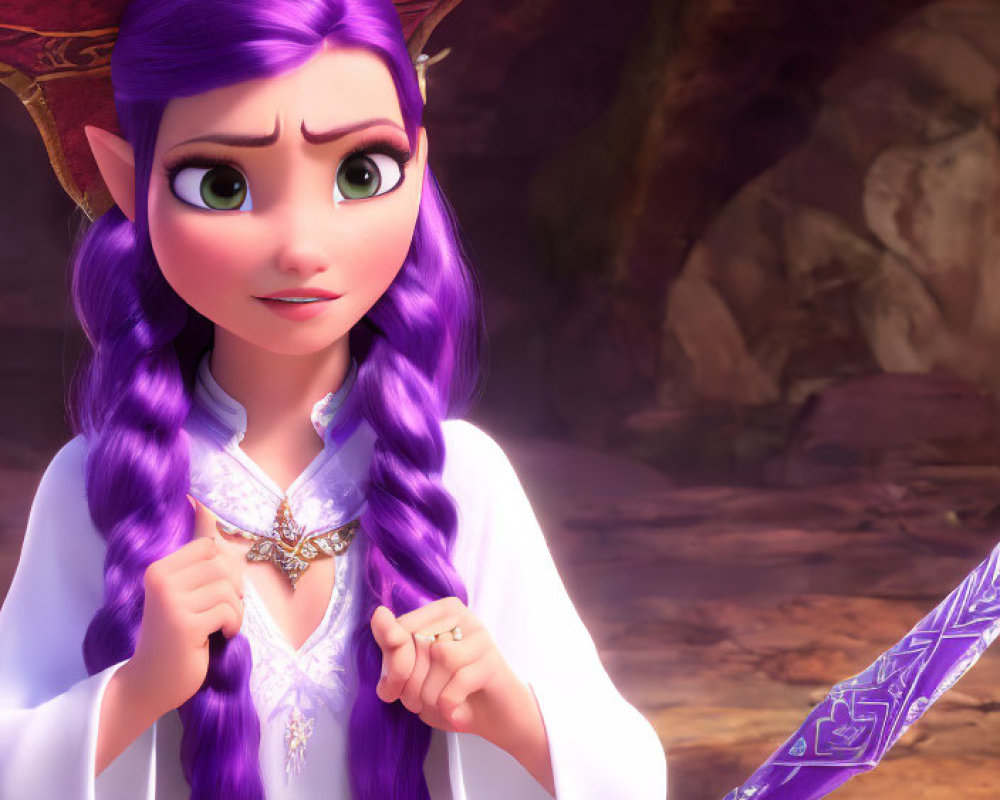 Purple-haired animated character with sword in white outfit - green-eyed and focused
