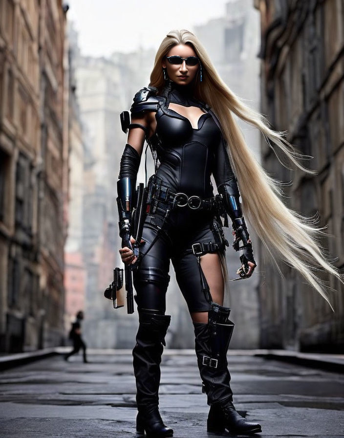 Futuristic armored woman in black bodysuit with gun in narrow street