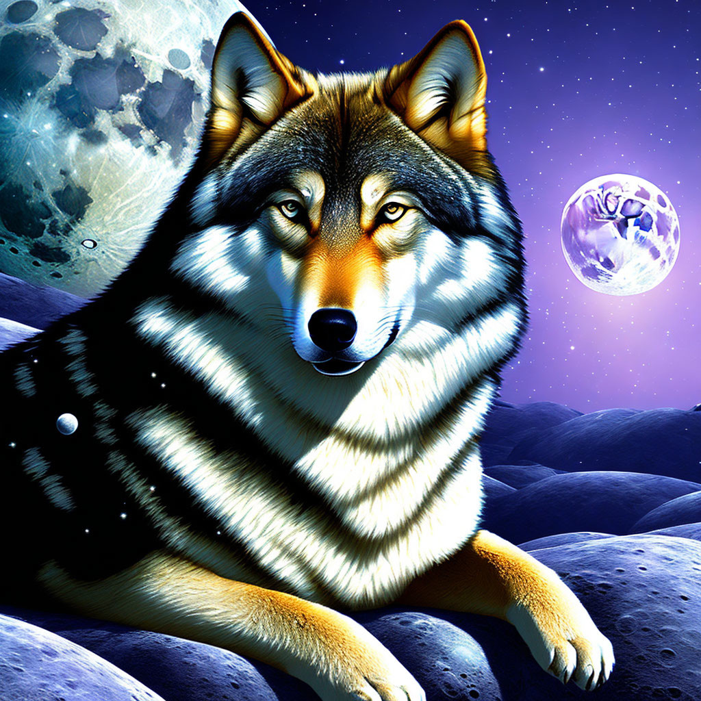 Realistic wolf digital art on lunar surface with galaxy background