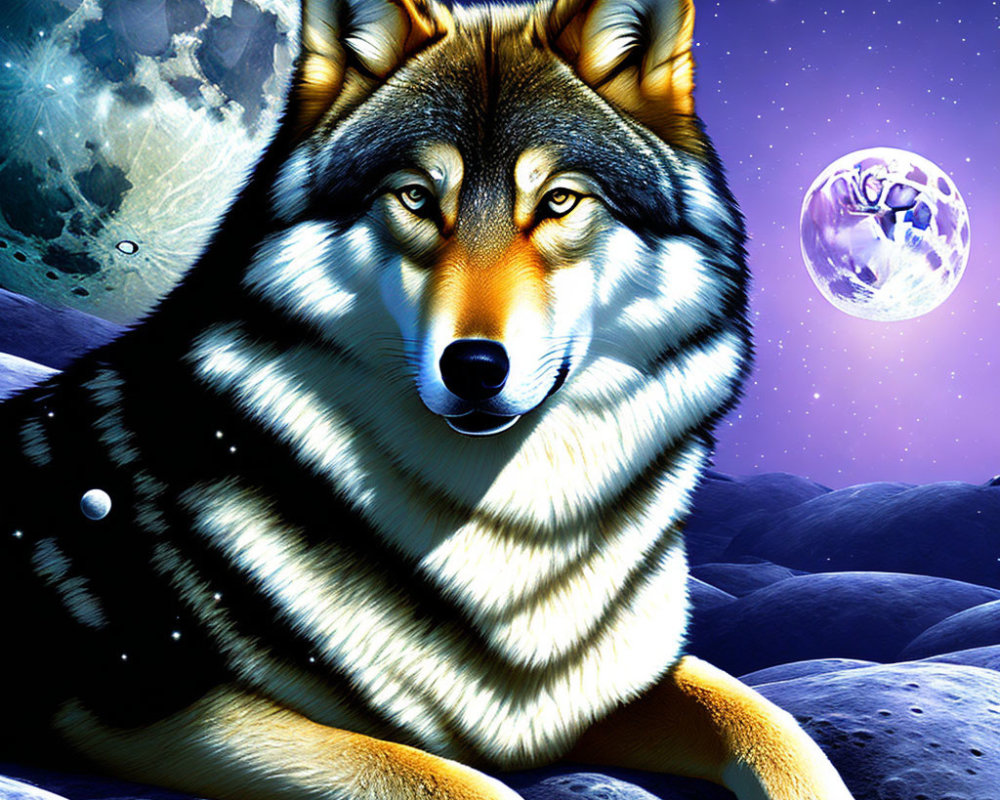 Realistic wolf digital art on lunar surface with galaxy background