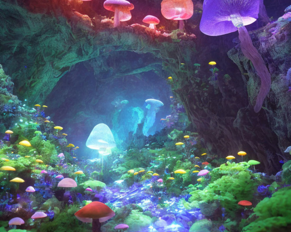 Colorful Mushrooms and Lush Greenery in Fantasy Forest